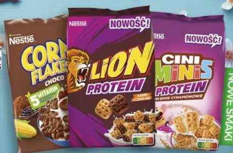 Płatki Cini Minis Protein/ Lion Protein/ Corn Flakes Choco/ Corn Flakes miód i orzechy/ Corn Flakes