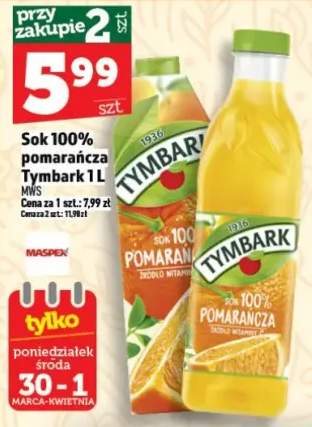 Sok 100% pomarańcza Tymbark 1l