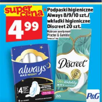 Podpaski higieniczne Always 8/9/10 szt./wkładki higieniczne Discreet 20 szt.