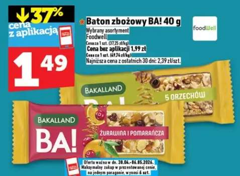 Baton zbożowy BA! Foodwell żurawina i pomarańcza