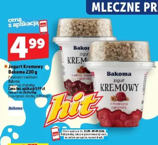 Jogurt kremowy z malinami Bakoma +1 wariant
