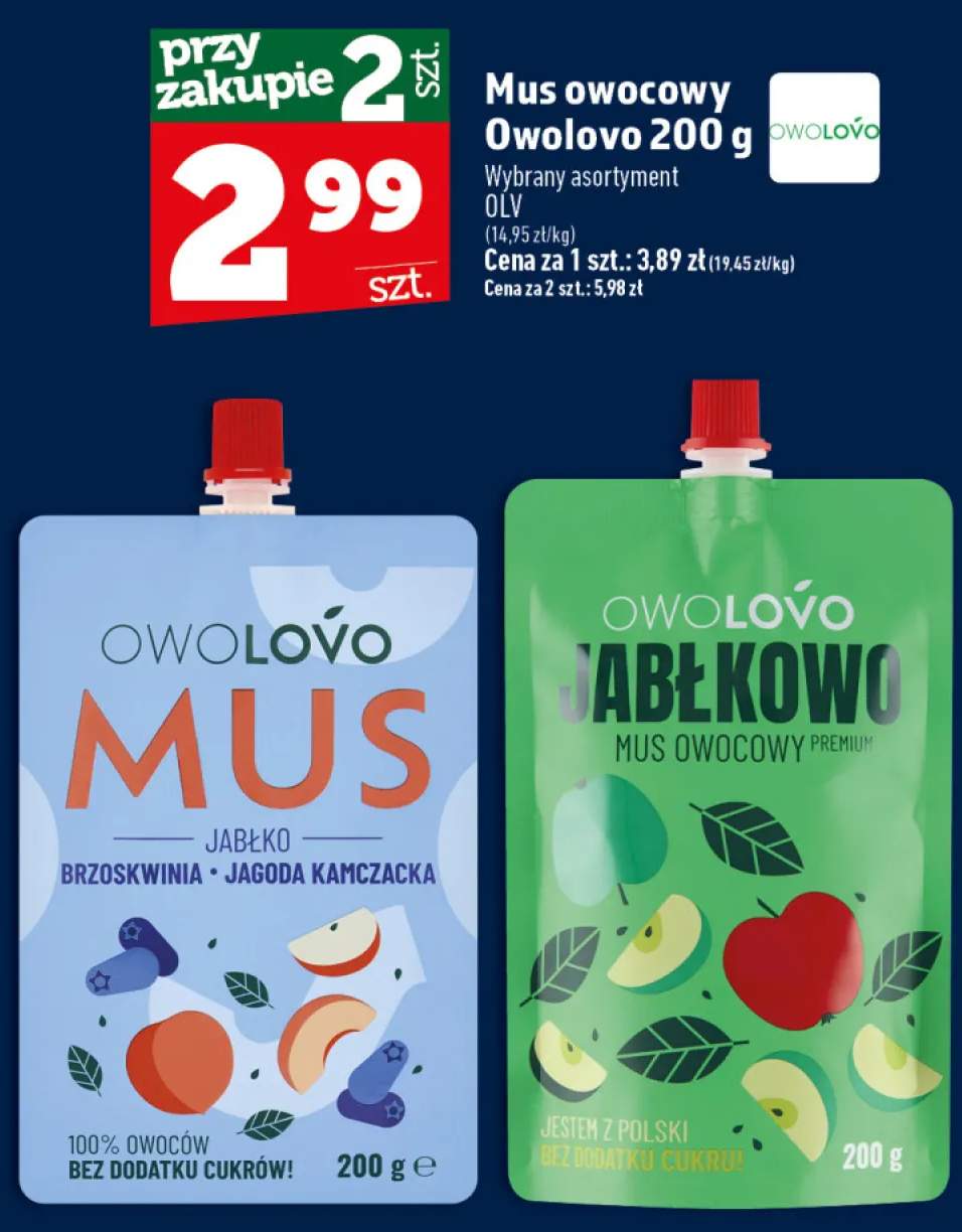 Mus owocowy Owolovo jabłko brzoskwinia jagoda kamczacka +1 wariant