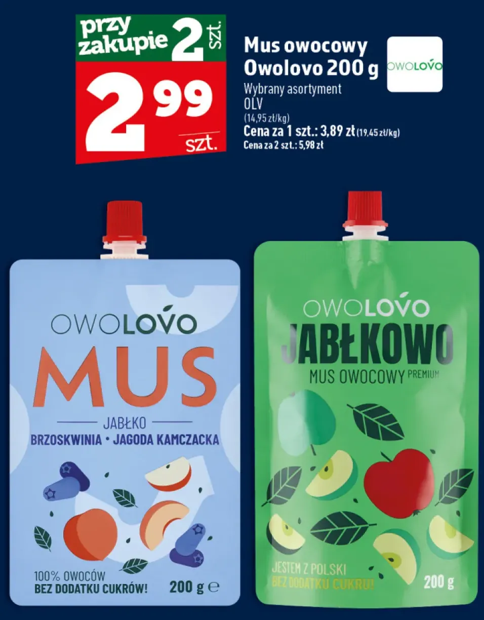 Mus owocowy Owolovo jabłko brzoskwinia jagoda kamczacka +1 wariant